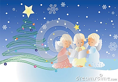 Christmas scene with singing cherubs Vector Illustration