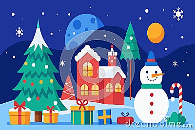 A Christmas scene with a snowman, a house, and a tree Vector Illustration