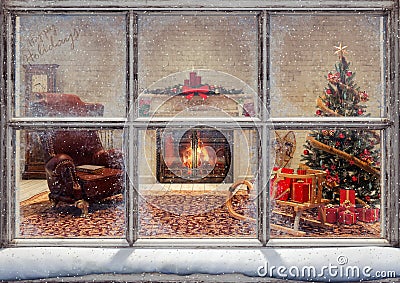 Christmas scene through window Stock Photo