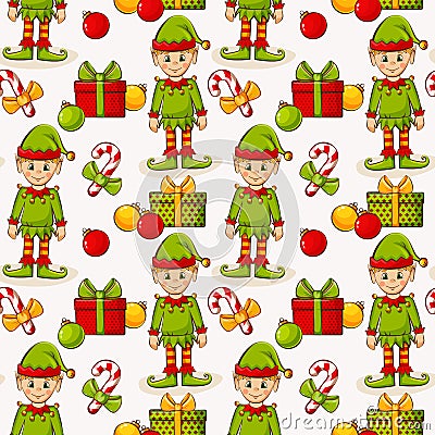 Christmas seamless background with elves. Vector pattern. Vector Illustration