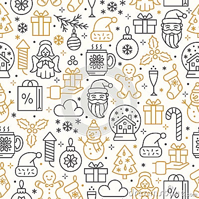 Christmas seamless background. Line icon banner with angel, Santa, gingerbread man, snowball, snowman, christmas tree and gift box Vector Illustration