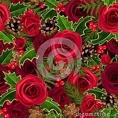 Christmas seamless background with roses and holly Vector Illustration