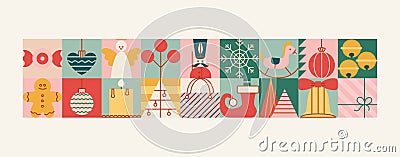 Christmas seamless block banner with toys, balls, star, angel, tree, candy. Vintage style border. Vector Illustration