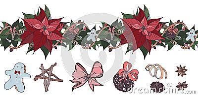 Christmas seamless brush with Euphorbia pulcherrima and isolated elements of traditional decor, sweets and toys on white Vector Illustration
