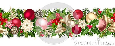 Christmas seamless garland with balls, bells, holly, poinsettia and cones. Vector illustration. Stock Photo