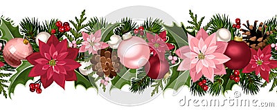 Christmas seamless garland with balls, holly, poinsettia and cones. Vector illustration. Vector Illustration