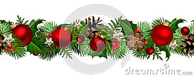 Christmas seamless garland with fir branches, red balls, holly and pinecones. Vector illustration. Vector Illustration