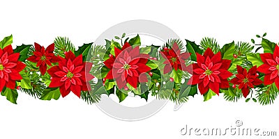 Christmas seamless garland with red poinsettia flowers. Vector illustration. Vector Illustration