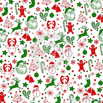 Christmas seamless green and red pattern on white background with deer, snowman, candy, sock, star, snowflake holiday icons, New Stock Photo