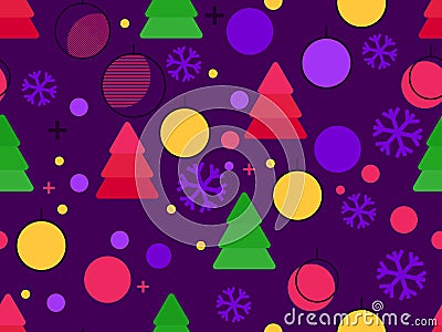 Christmas seamless pattern. Christmas balls in a linear style, snowflakes and geometric Christmas trees made of triangles Vector Illustration