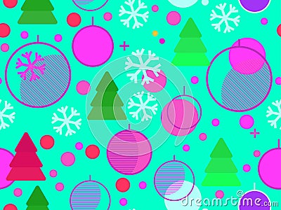 Christmas seamless pattern. Christmas balls in a linear style, snowflakes and geometric Christmas trees made of triangles Vector Illustration