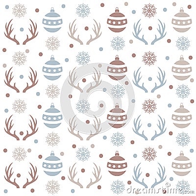 Christmas seamless pattern with balls, reindeer horns and snow Vector Illustration