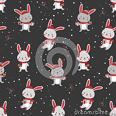 Christmas seamless pattern with bunny background, Winter pattern with rabbit, wrapping paper, pattern fills, winter greeting Vector Illustration