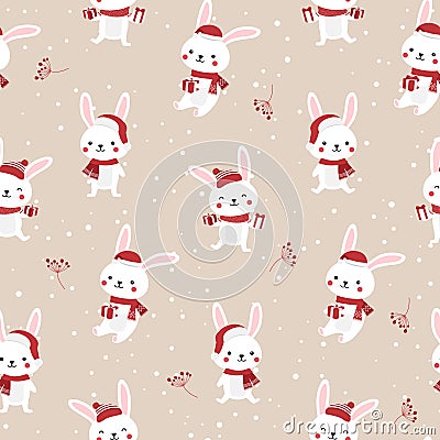 Christmas seamless pattern with bunny background, Winter pattern with rabbit, wrapping paper, pattern fills, winter greetings, web Vector Illustration