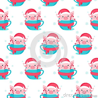 Christmas seamless pattern with cartoon piggy. Vector illustration. Vector Illustration