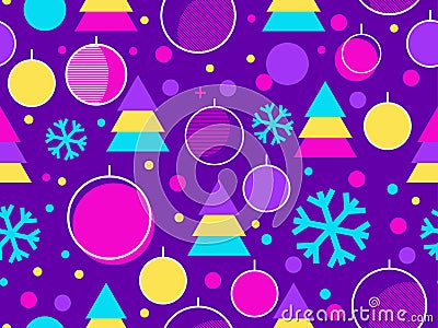 Christmas seamless pattern. Christmas balls in a linear style, snowflakes and geometric Christmas trees made of triangles Vector Illustration