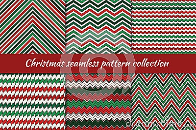 Christmas seamless pattern collection. Holiday backgrounds set. Print kit in traditional colors. Vector digital paper Vector Illustration