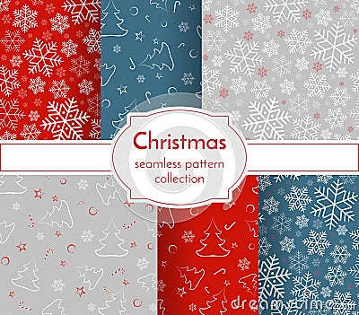 Christmas seamless pattern collection Snowflake Christmas tree ball toy sweet candy New Year Christmas holiday background Vector Illustration