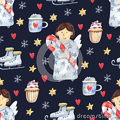 Christmas seamless pattern with cute angels, skates, coffee mugs and cupcakes decorated with berries on dra Cartoon Illustration