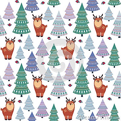 Christmas pattern with deer and firtrees Vector Illustration