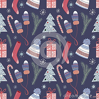 Christmas seamless pattern with cute elements, cozy clothes, candies, pine branches and gift boxes Vector Illustration