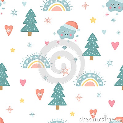Christmas seamless pattern with cute funny characters. Unique decoration with rainbow, christmas tree, clouds Vector Illustration