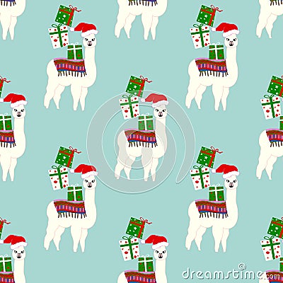 Christmas seamless pattern with cute llamas Vector Illustration