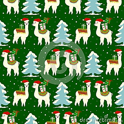 Christmas seamless pattern with cute llamas Vector Illustration