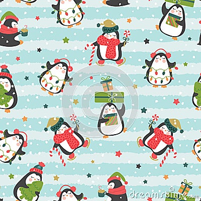 Christmas seamless pattern with cute penguins on line stripe background with colorful stars. Vector Illustration
