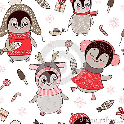 Christmas seamless pattern with cute penguins and snowflake Vector Illustration