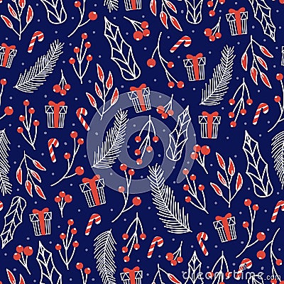 Christmas seamless pattern with cute christmas seasonal plants, fir branches, holly berries on blue background Vector Illustration