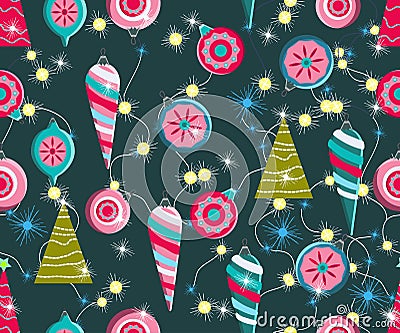 Christmas seamless pattern. Cute vector festive background woth vintage Christmas decorations, stilyzed Christmas tree, Vector Illustration