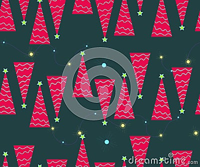 Christmas seamless pattern. Cute vector festive background woth vintage Christmas decorations, stilyzed Christmas tree, Vector Illustration