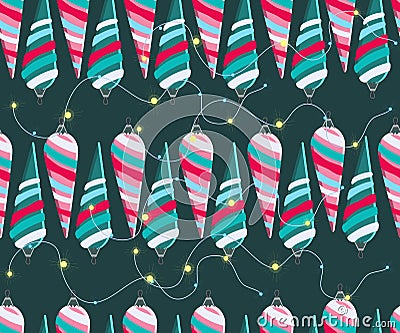 Christmas seamless pattern. Cute vector festive background woth vintage Christmas decorations, stilyzed Christmas tree, Vector Illustration