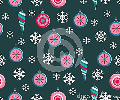 Christmas seamless pattern. Cute vector festive background woth vintage Christmas decorations, stilyzed Christmas tree, Vector Illustration