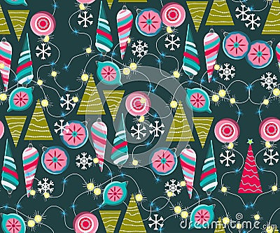 Christmas seamless pattern. Cute vector festive background woth vintage Christmas decorations, stilyzed Christmas tree, Vector Illustration