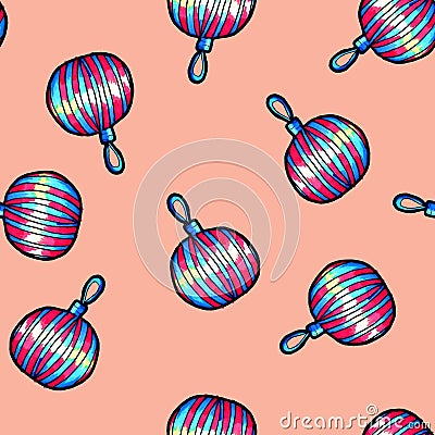 Christmas seamless pattern drawn by hand. Ball for the Christmas tree on a pink background .New year Cartoon Illustration