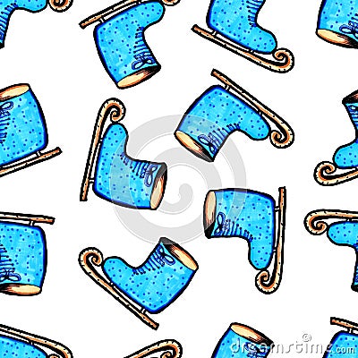 Christmas seamless pattern drawn by hand. Blue skates on a white background .New year Cartoon Illustration