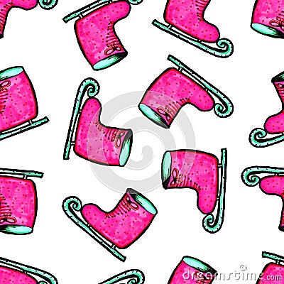 Christmas seamless pattern drawn by hand. Pink skates on a white background .New year Cartoon Illustration