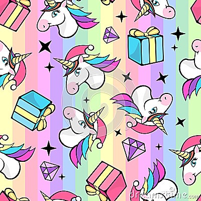 Christmas Seamless pattern with fantastic unicorn. Cartoon children background Vector Illustration