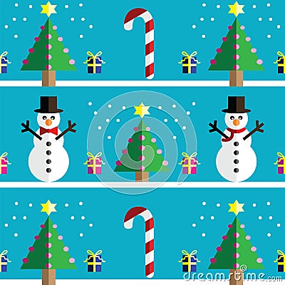 Christmas Seamless pattern with geometrical Snowman with scarf and with bow tie , gifts with ribbon, snow, sweets, xmas trees Vector Illustration