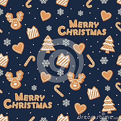 Christmas seamless pattern. Gingerbread cookies and snowflakes on dark blue. Vector Illustration