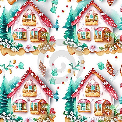 Christmas seamless pattern with gingerbread houses and snowflakes on white background generative AI animal ai Stock Photo