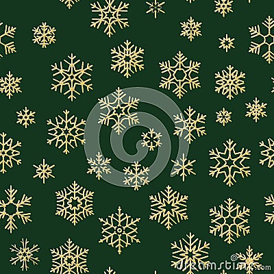 Christmas seamless pattern with gold snowflakes on green background. Holiday design for Christmas and New Year Vector Illustration