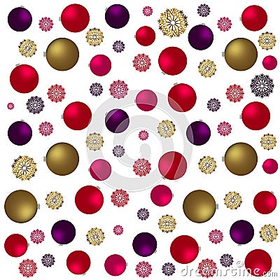 Christmas seamless pattern with golden toys, stars and candy. Festive burgundy and gold background Vector Illustration