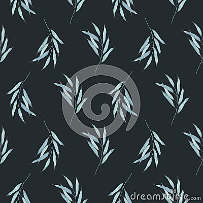 Christmas seamless pattern with green leaves. Hand made illustration. New year on dark background. for textile, greeting Cartoon Illustration