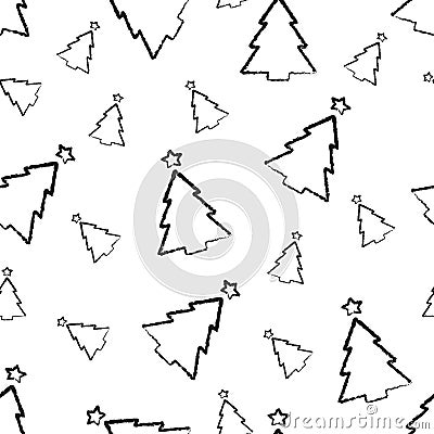 Christmas seamless pattern. hand-drawn charcoal black outline christmas trees isolated on white. stock vector illustration for Vector Illustration