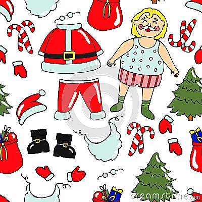 Christmas seamless pattern, hand-drawn funny undressed Santa Claus and his things Vector Illustration