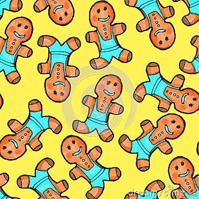 Christmas seamless pattern hand-drawn. New Year gingerbread in the shape of a man against a yellow background Stock Photo