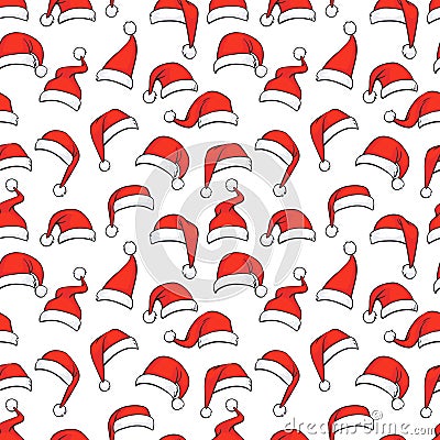 Christmas seamless pattern with hand drawn red Santa hats Vector Illustration